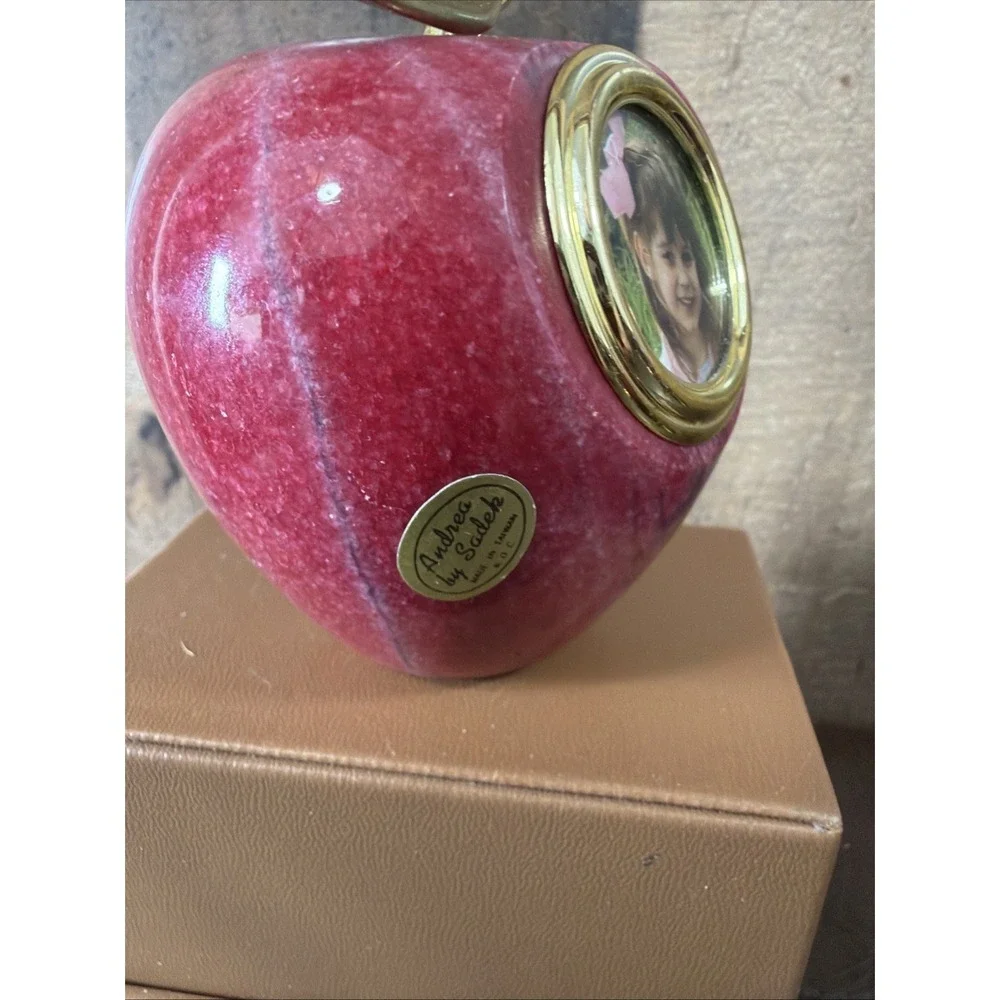 Andrea by Sadek Red Apple Polished Marble Paperweight Picture Frame Brass Stem